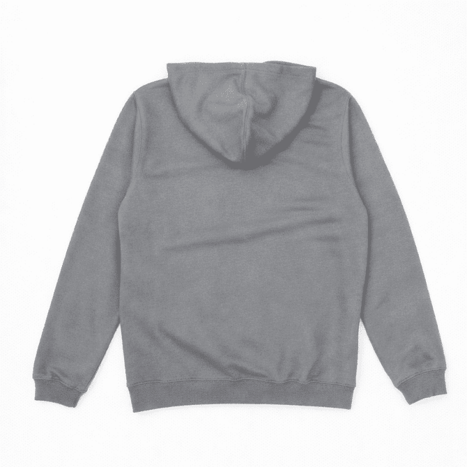 A grey hoodie with a drawstring hood, featuring long sleeves and a ribbed hem. The back view is shown.