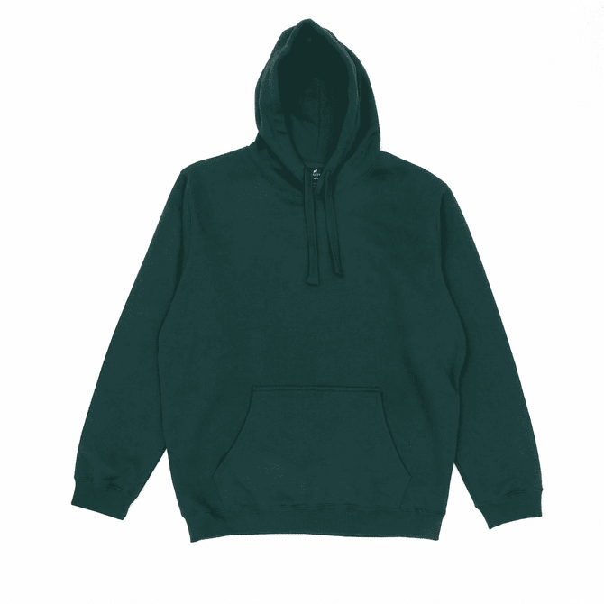 A green hoodie featuring a front pocket and drawstring hood. The item includes a branding logo.