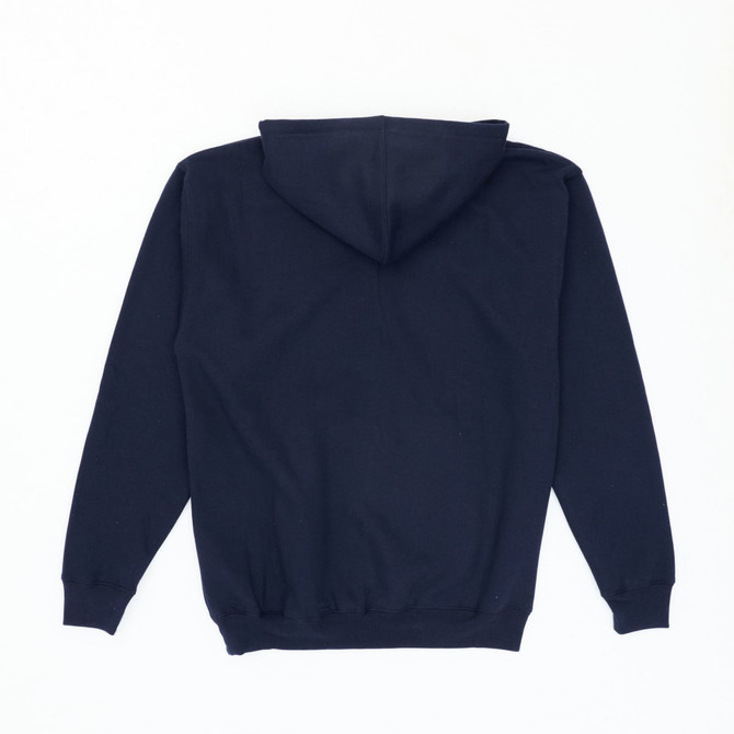 A navy hoodie featuring a spacious hood and ribbed cuffs, with no visible branding on the back.