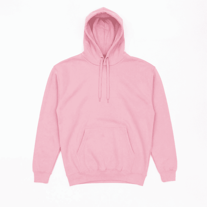 A pink hooded sweatshirt featuring a front pocket and drawstring hood. The item has a logo on it.