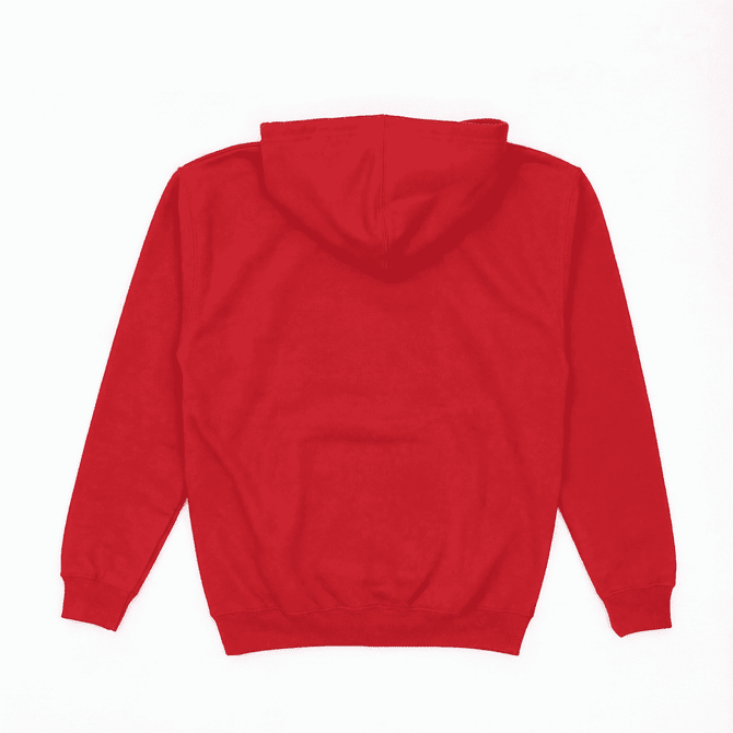 A red hoodie with a back view, featuring a hood and ribbed cuffs. It includes a logo on the front.