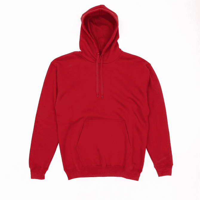 A red hoodie with a front pocket and a drawstring hood, featuring a logo on the chest area.