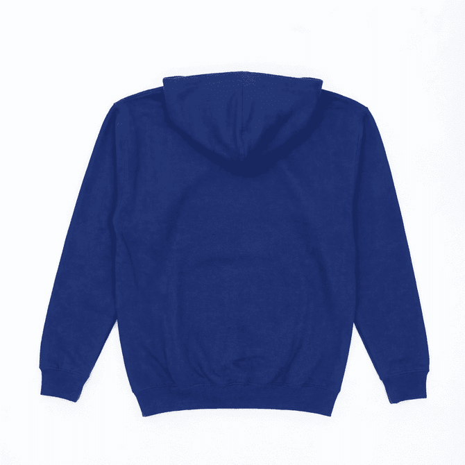 A hooded sweatshirt in a deep blue colour, featuring a rear view and a spacious hood. It has a logo on the front.