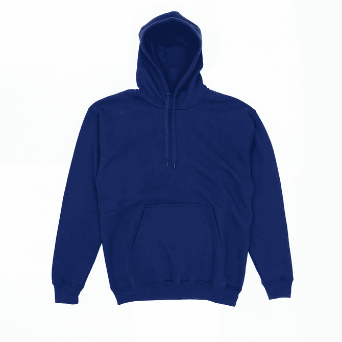 A blue hoodie with a kangaroo pocket and a hood. The garment features a drawstring and has a plain design.