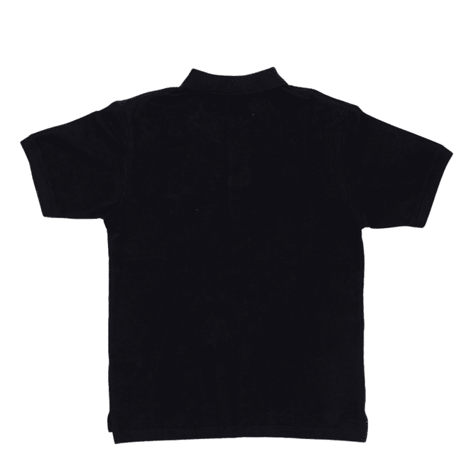 A black polo shirt with a classic collar and short sleeves. The shirt features a logo on the front.