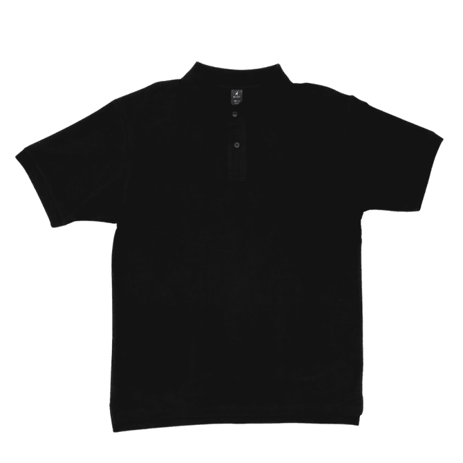 A black polo shirt with a collar, featuring a buttoned placket and a logo on the label.