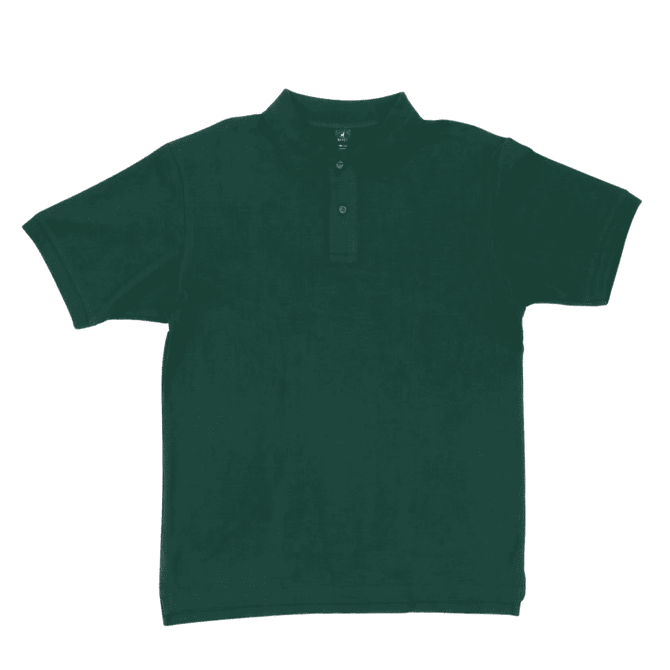 A dark green polo shirt featuring a collar and a placket with buttons, accompanied by a logo.
