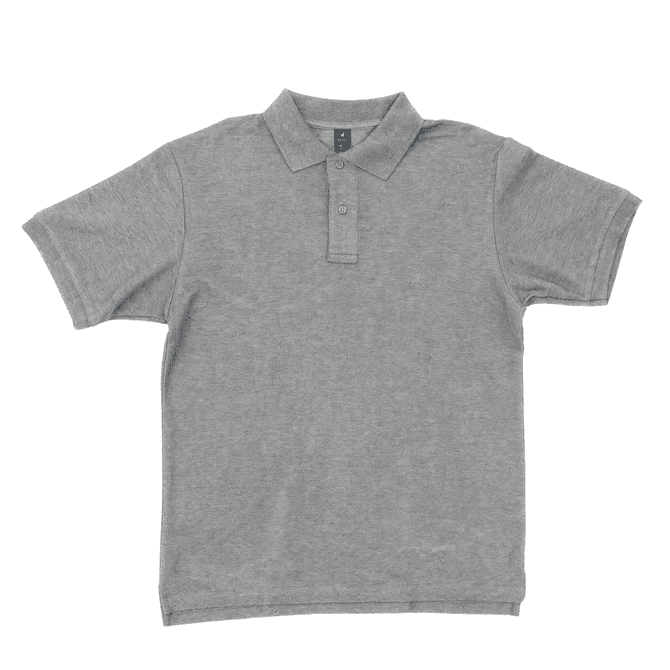 A grey polo shirt with a collar and three buttons, featuring a logo on the chest.