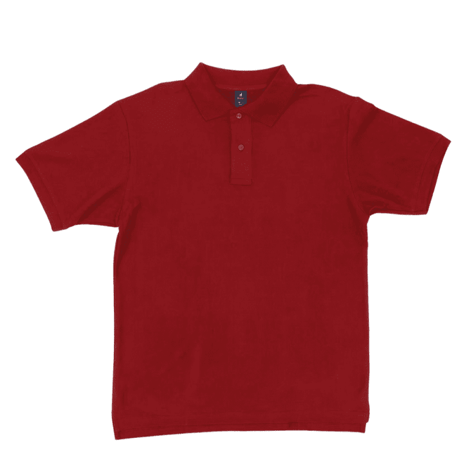 A red polo shirt featuring a collar, short sleeves, and a branded logo.