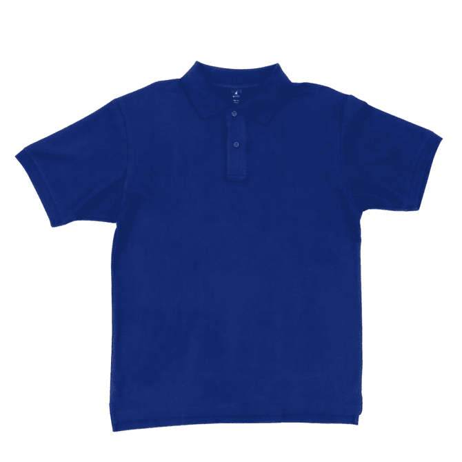 A navy polo shirt featuring a collar and button placket, with a logo on the chest.