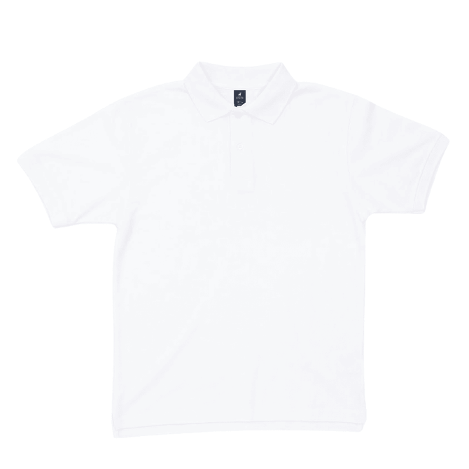 A plain white polo shirt featuring a collar and short sleeves. It has a logo on the front.