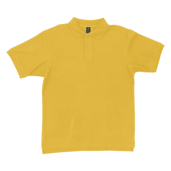 A yellow polo shirt featuring a collar and three-button placket, with a logo on the tag.