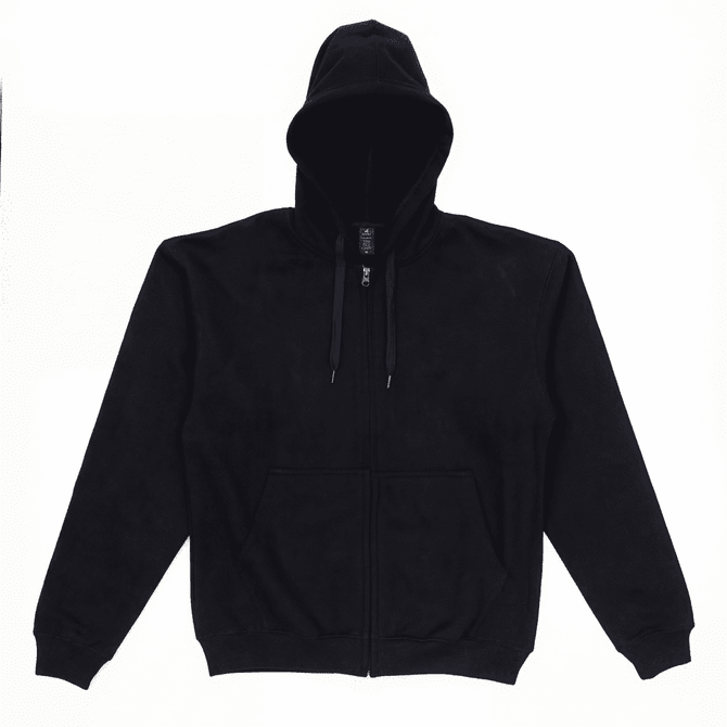 A black zip-up hoodie with a hood and front pockets, featuring a logo on the inside tag.