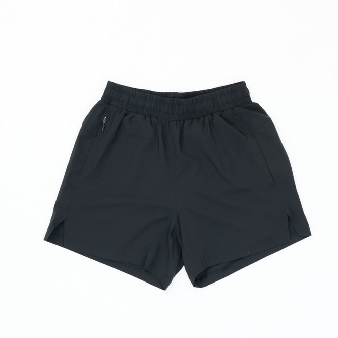 A pair of black running shorts featuring a drawstring waistband and side pockets, with a logo present.