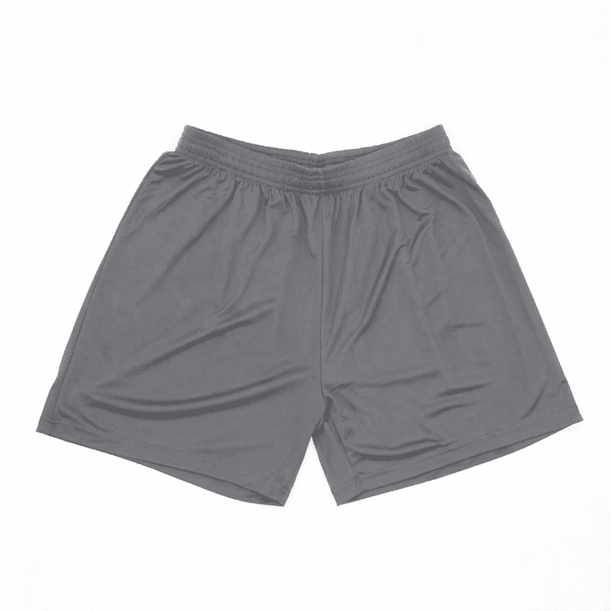 Grey shorts made from lightweight fabric, featuring an elastic waistband and a logo.