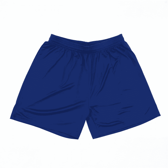 A pair of navy blue athletic shorts with an elastic waistband and folding fabric. Features a logo on the side.