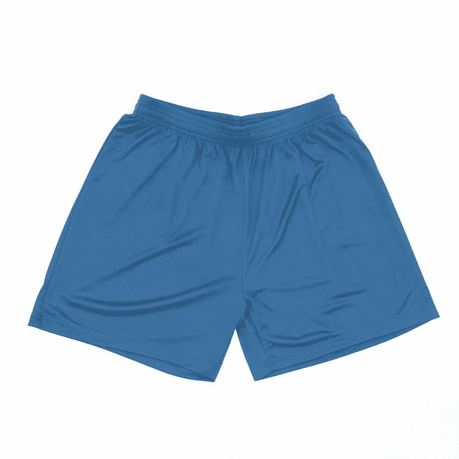 Blue shorts featuring an elastic waistband and simple design, with a logo on the side.