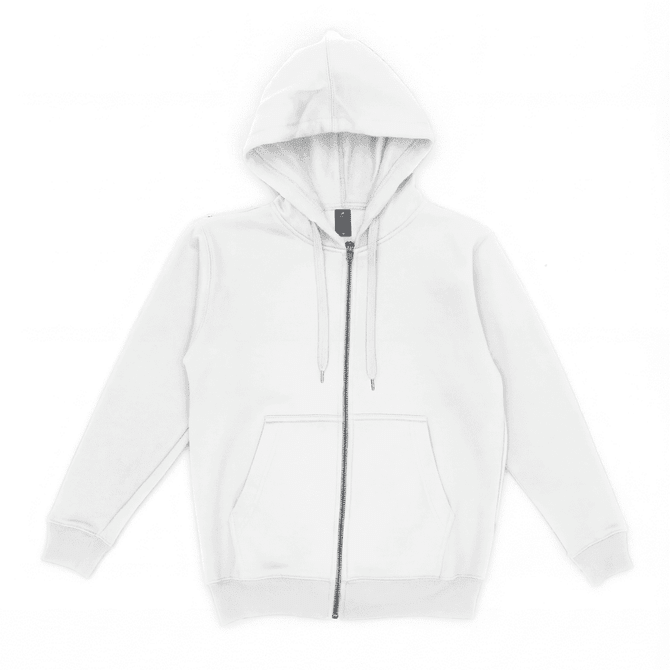 A light grey zip-up hoodie featuring a hood and front pocket. Includes a logo.