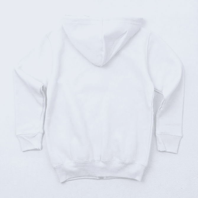 A white zip-up hoodie with a hood, featuring a plain back design and fitted cuffs. It has a branding logo.