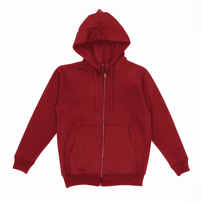 A red zip-up hoodie with a hood and front pockets. It features long sleeves and a simple design.