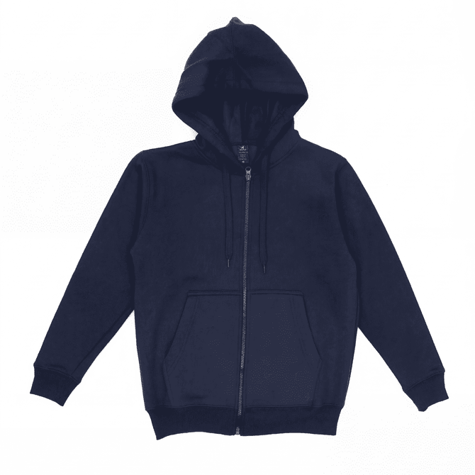 A navy zip-up hooded sweatshirt featuring a front pocket and a drawstring hood. It has a logo on the interior label.