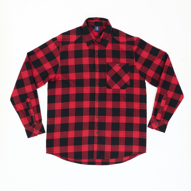 A long sleeve shirt featuring a red and black checkered pattern, with a pocket on the front and a collar.