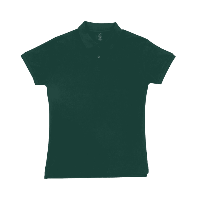 A dark green women's polo shirt with a collar, featuring short sleeves and a button placket, and a logo.