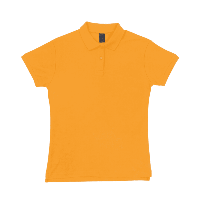 A women's polo shirt in bright orange with a classic collar and short sleeves. It features a logo on the chest area.