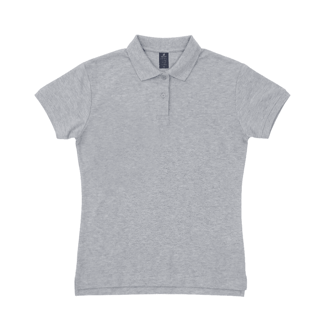 A women's polo shirt in light grey, featuring a classic collar and a buttoned placket, with a branding logo.