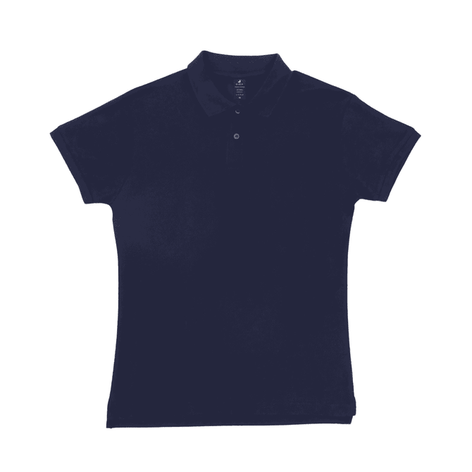 A navy blue women's polo shirt with a collar, short sleeves, and a button placket. It has a logo on it.