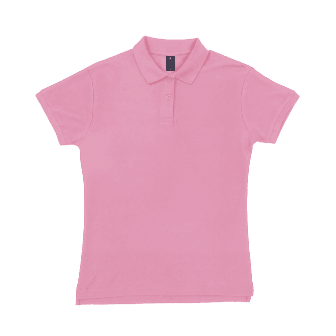 A women's polo shirt in a light pink colour, featuring a collar and short sleeves. It has a logo on the tag.