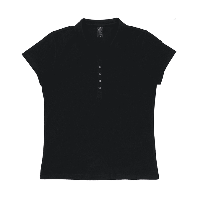 A black women's polo shirt with a collar and a button placket, featuring short sleeves and a logo.