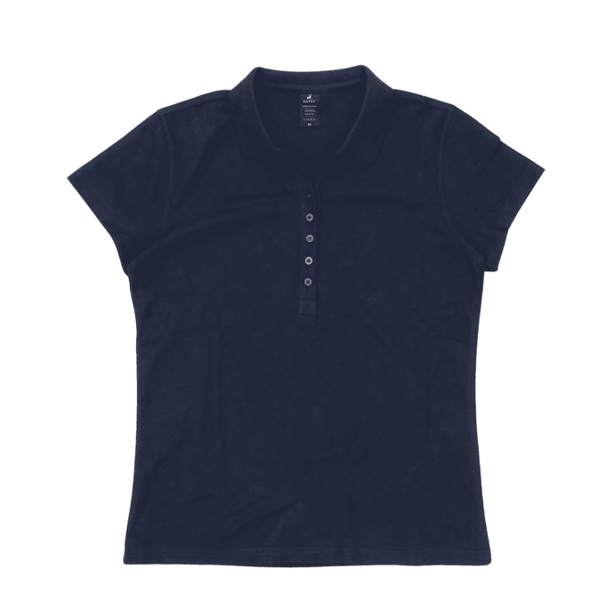 A women's polo shirt in navy blue with a collared neckline and button placket, featuring a logo.