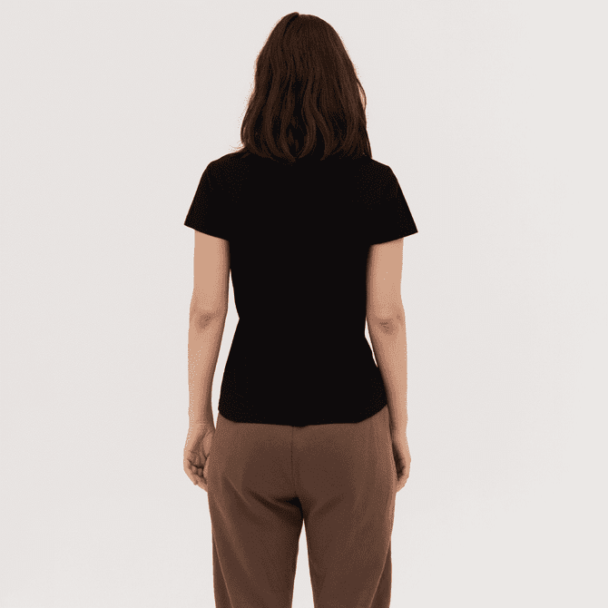 A black women's polo shirt with short sleeves, displayed from the back against a neutral background.