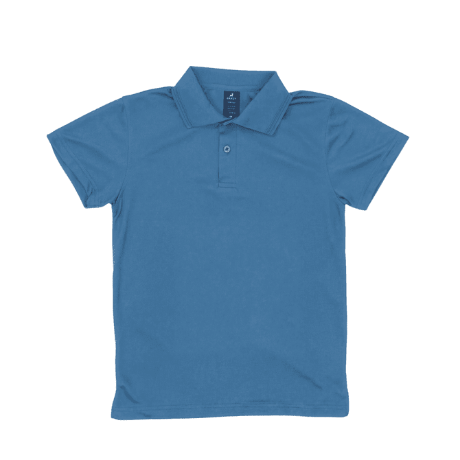 A blue youth polo shirt with a collar and a single button placket, featuring a logo on the label.
