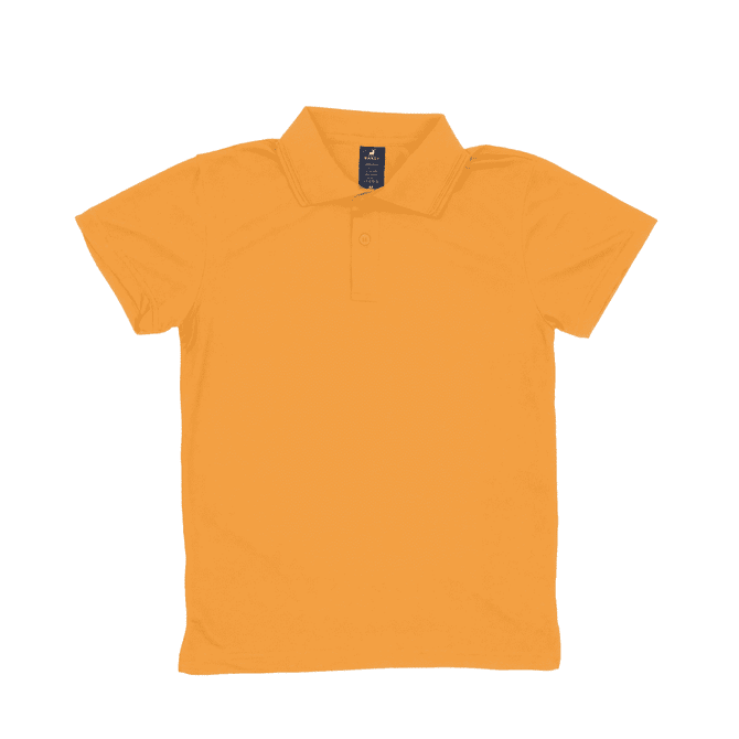 A yellow polo shirt featuring a collar and a logo on the label.