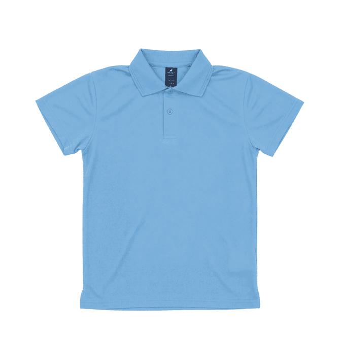 A light blue polo shirt with a classic collar and a logo on the label.