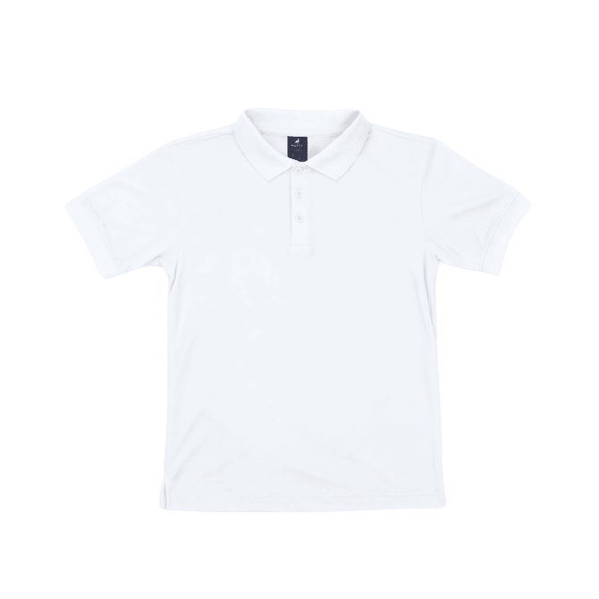A white polo shirt featuring a collar and a four-button placket, with a logo on the chest area.