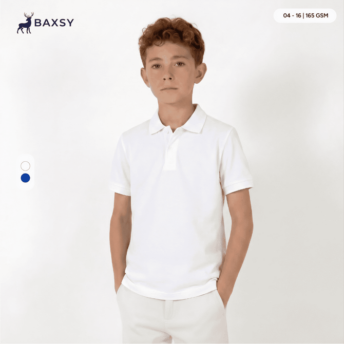 A youth white polo shirt featuring a collar and short sleeves, with a logo on the upper left side.