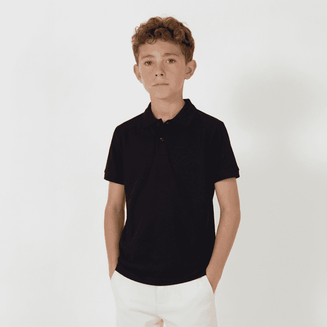 A youth polo shirt in black, styled with a collar and short sleeves, featuring a logo on the chest.