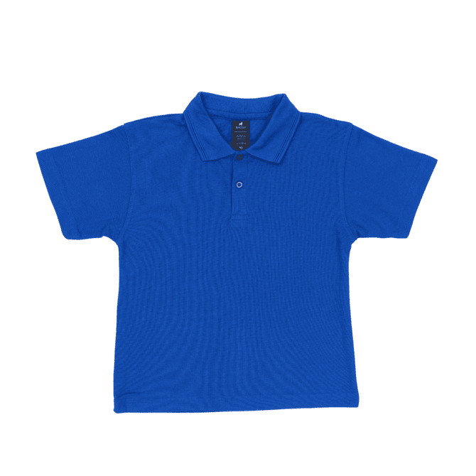 A blue polo shirt with a collar and two buttons, featuring a small logo at the neckline.