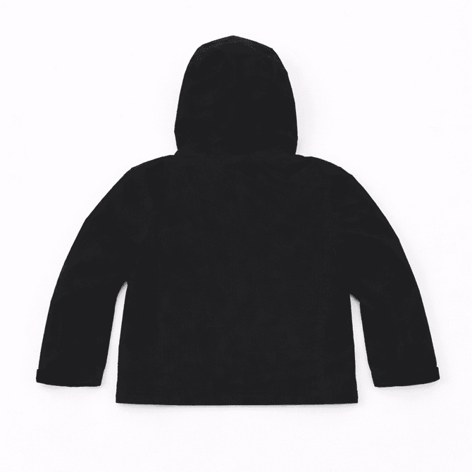 A black youth weather jacket with a hood, displayed from the back. Features a logo on the fabric.