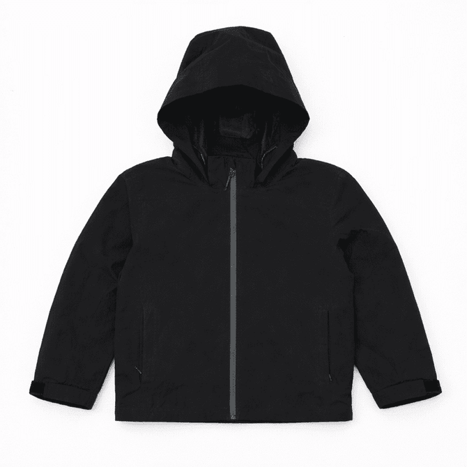 A black weather jacket with a hood and front zipper, featuring a simple and sleek design. It has a logo.