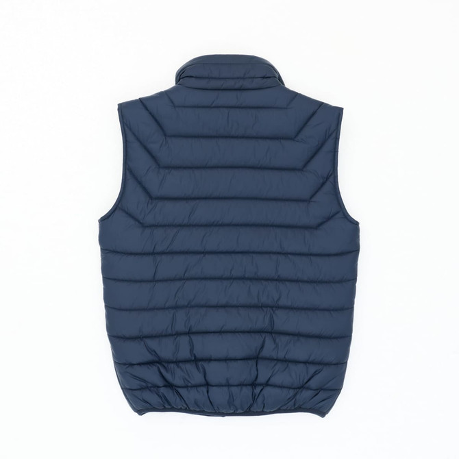 A navy blue puffer vest with quilted sections and a high collar, featuring a logo.
