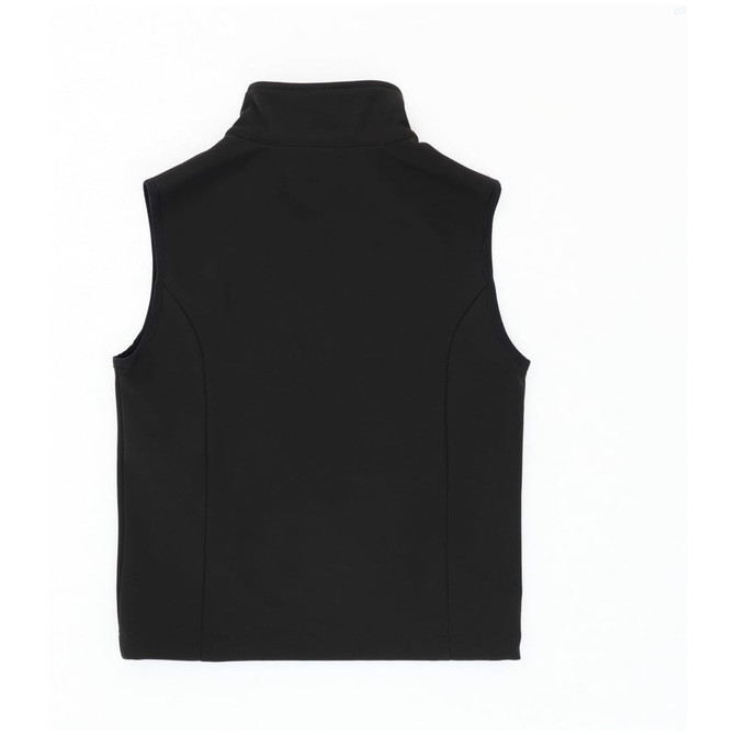 A black softshell vest with a high collar, featuring a smooth finish and a branded logo.
