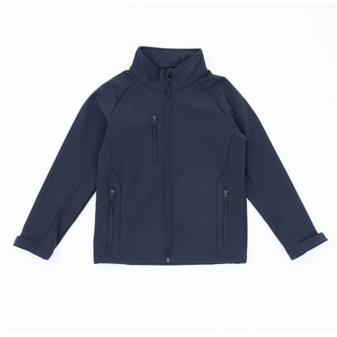 A navy softshell jacket featuring a zip front and two side pockets, designed for youth wear.