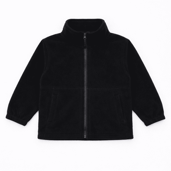 A black polar fleece full zip jacket with a high collar and two front pockets. It features a logo on the chest.