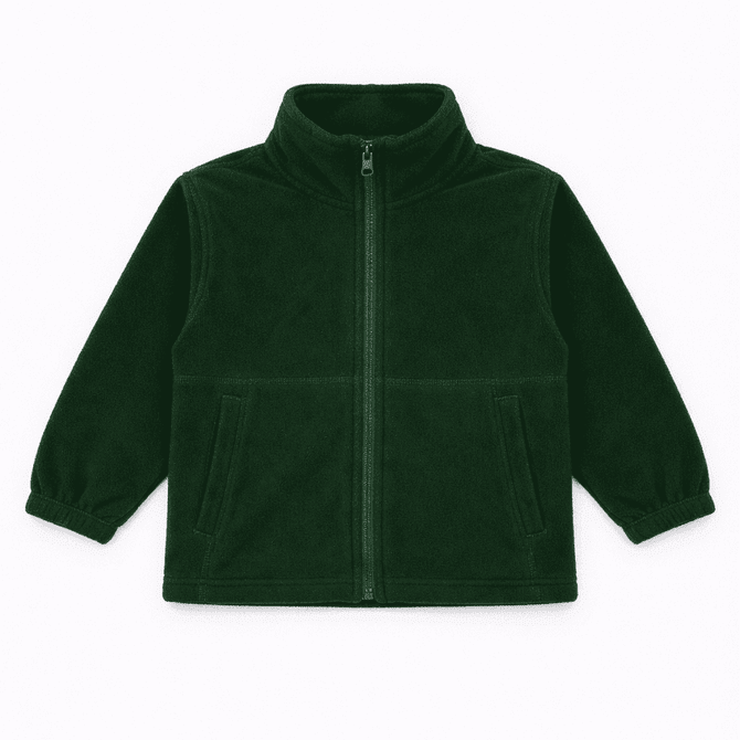 A dark green polar fleece full zip jacket with a high collar and two front pockets. It features elastic cuffs and has a logo.
