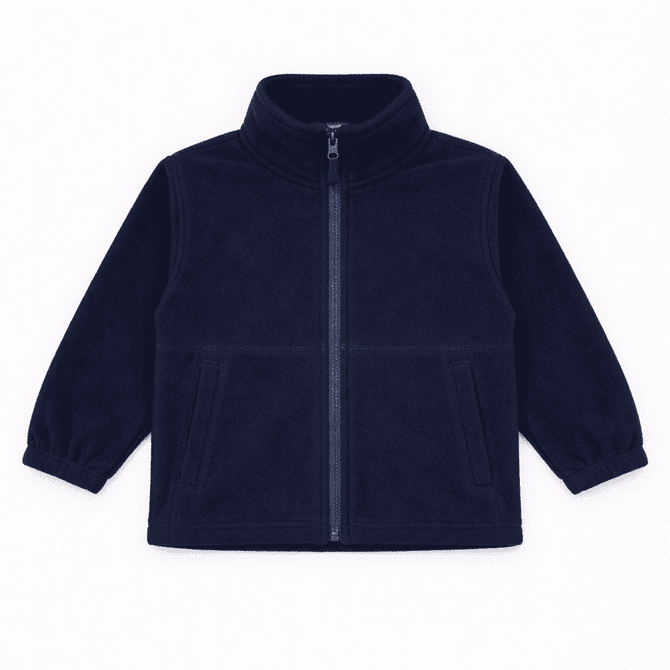A navy polar fleece full zip jacket with long sleeves and two front pockets. Features a high collar and a zip closure.