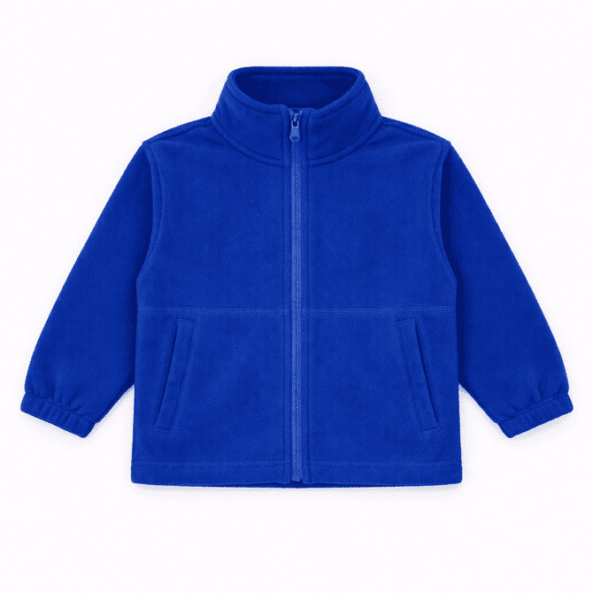 A blue polar fleece full zip jacket featuring a high collar and side pockets, with elasticated cuffs. It has a logo.
